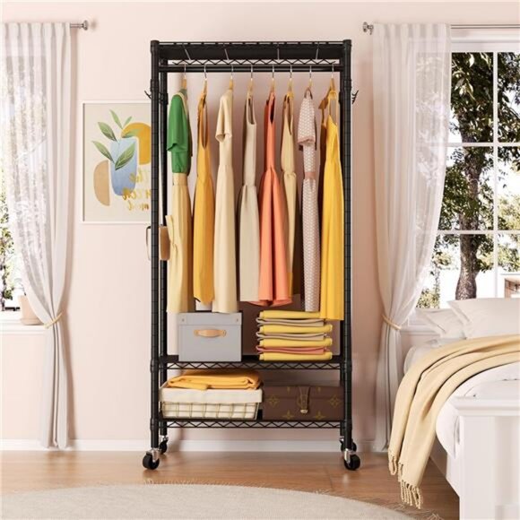 Heavy Duty Clothes Rack Rolling Garment Rack,3 Tier Adjustable Wire Shelving - Picture 3 of 7